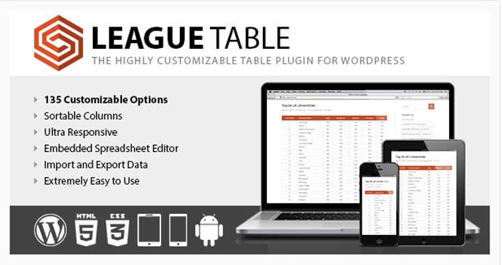 League table plugin displaying ranked teams and scores in a responsive WordPress table